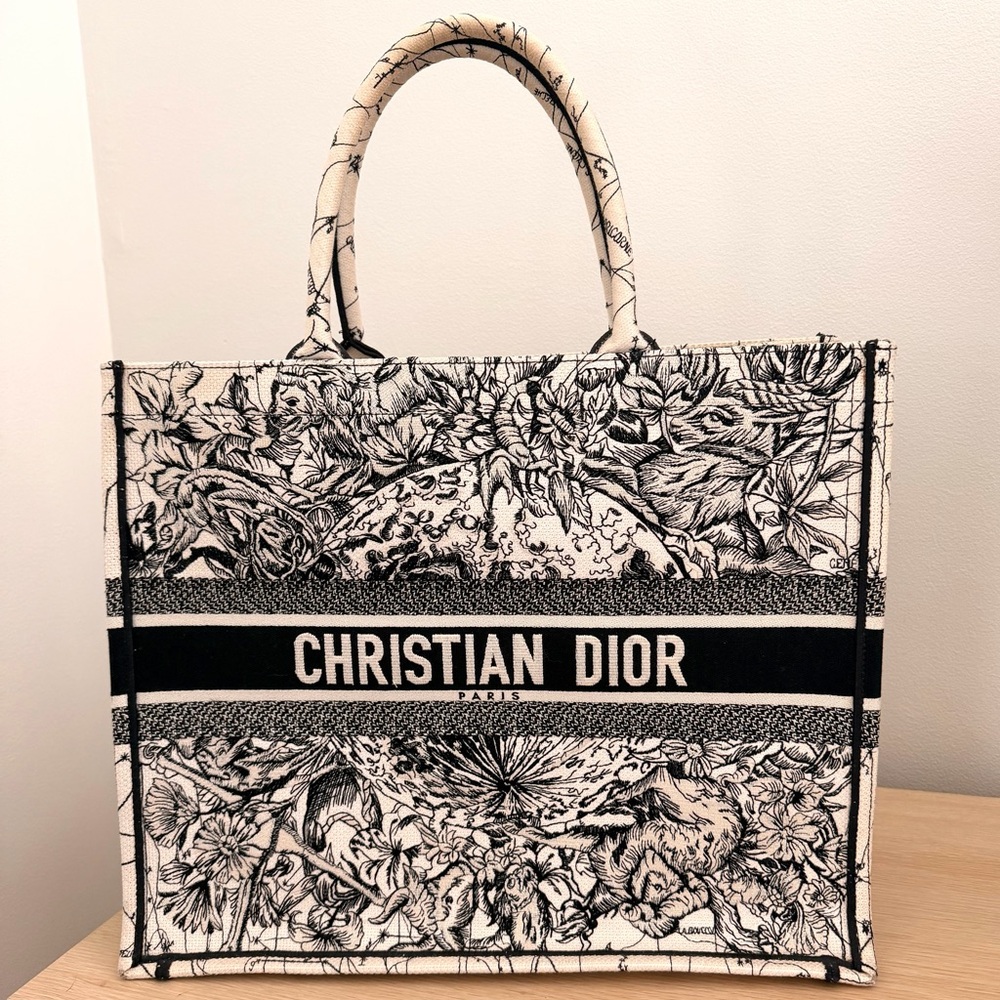 Christian Dior Large Book Tote Black White Toile de Jouy Zodiac Canvas Authentic